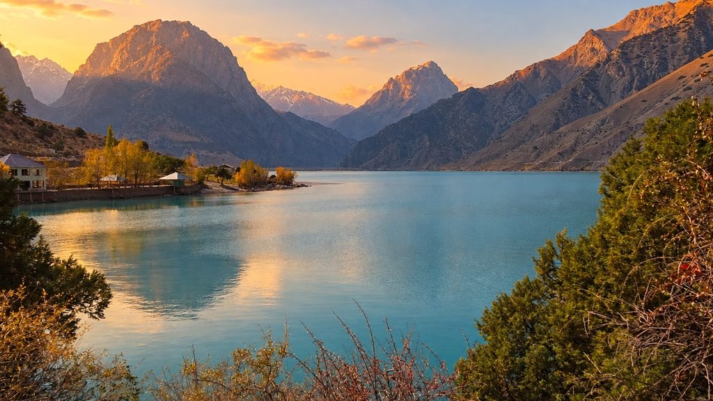 Iskanderkul lakeshore with a guesthouse